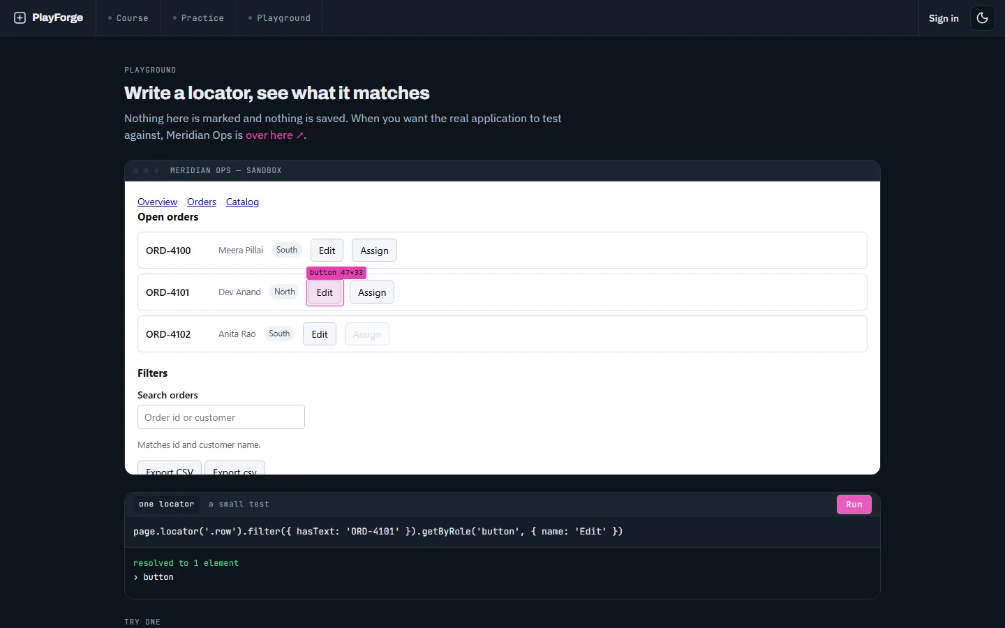 The playground: a locator narrowed to one Edit button, highlighted in the sandbox