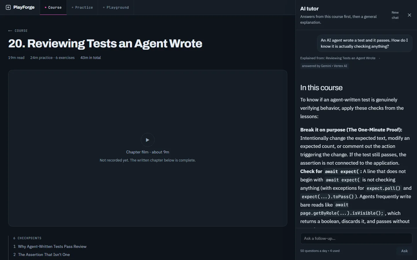 The AI tutor answering a question on a lesson page, with the answer from the course and its provider shown